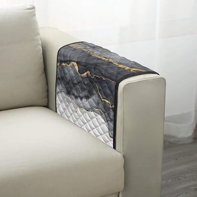 Grey Marble Stretch Sofa Armrest Covers Arm Cover for Chairs Anti-Slip Couch Armrest Covers with 2 Pockets Furniture Armrests Protector for Sofa Couch Chair Recliner