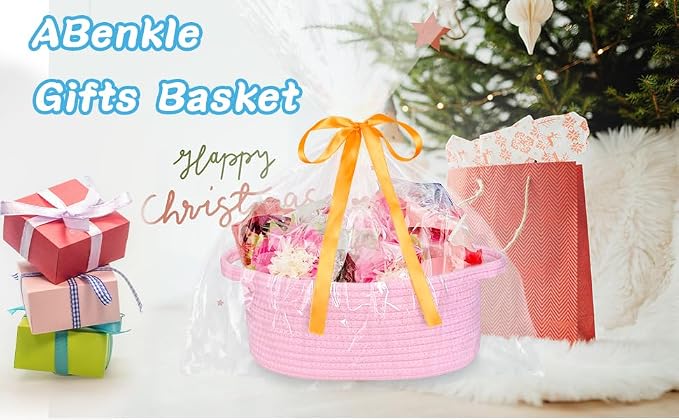 ABenkle Small Woven Easter Basket with Handle, 12x8x5 inches, Durable Storage Basket, Gift Wrap Ready with Ribbon