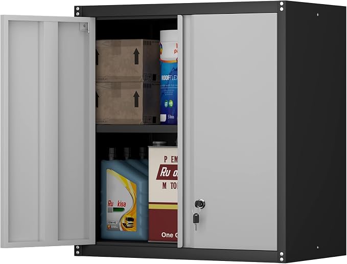 Locking Metal Wall Cabinet, 28" Metal Storage Cabinets with Doors and Shelf, Steel Garage Locker Mounted Small Tool Chest for Home Office, Kitchen, Pantry