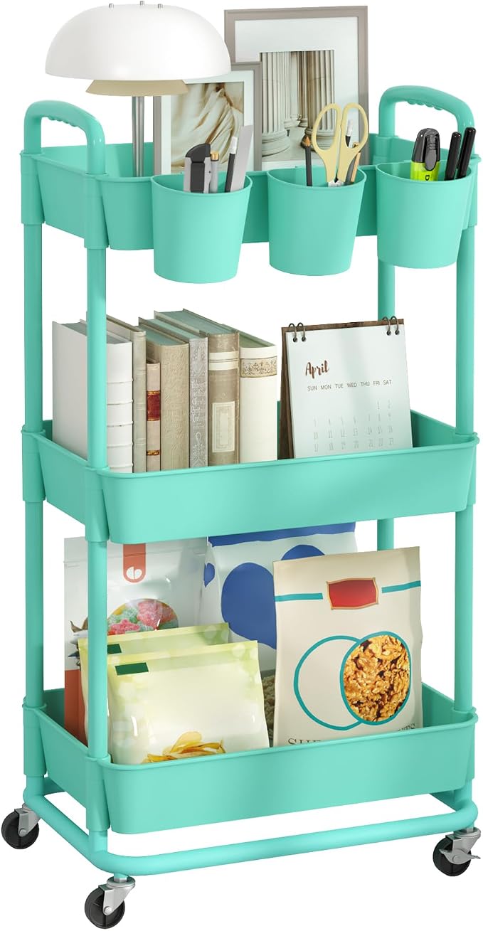 3-Tier Plastic Rolling Storage Cart Utility Cart Green | Utility Cart with Extra Hanging Cups Arc-Shaped Handles Lockable Wheels for Living Room Bathroom Kitchen Office