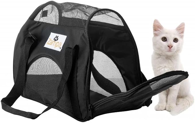 Airline Approved Soft Sided Pet Carrier by Zampa, Low Profile Travel Tote, Removable pad, Premium Zippers & Under Seat Compatibility, for Cats and Small Dogs (15" x 17" x 7", Black)