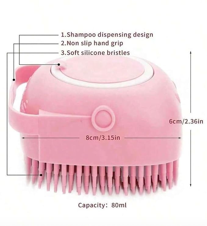 Dog Bath Brush with Shampoo Dispenser – Soft Silicone Pet Massage Scrubber for Short & Long Haired Dogs & Cats – Shedding & Grooming Brush for Deep Cleaning – Stress-Free Pet Bathing Supplies (Pink)