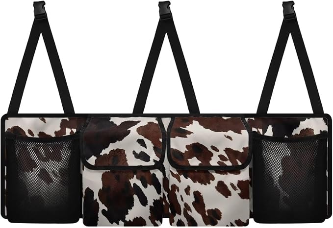 Dreaweet Brown Cow Print Car Trunk Organizer for Sedan Collapsible Hanging Car Storage Organizer Accessories Interior for Women Large Capacity 4 Pockets Car Organizer for SUV Trucks Minivan
