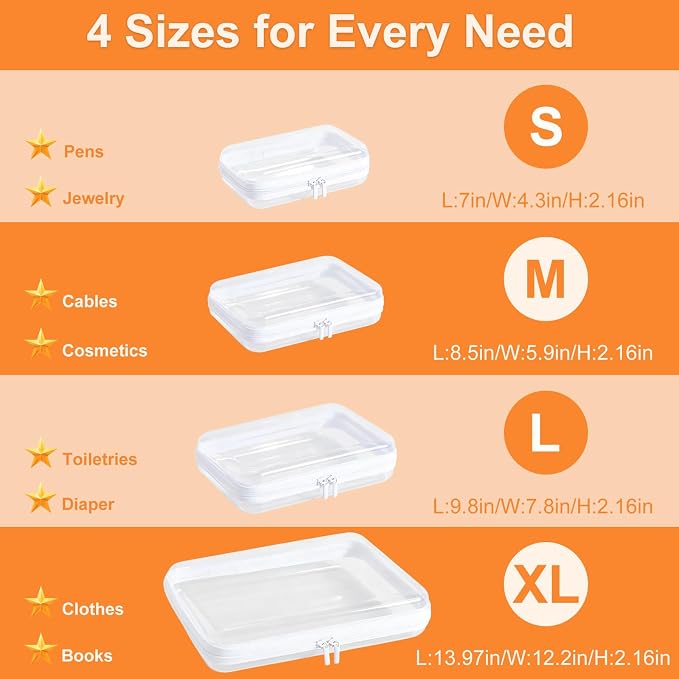 Clear Hard Shell Zipper Case, Crush-Proof Clear Zipper Pouches, TSA Approved Travel Toiletry Bag, Waterproof Makeup Bag & Diaper Bag, Organizer Bins for Toy Storage, Travel Accessories XL+L+M+S-White