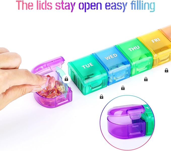 Weekly Pill Organizer Case, Large 7-Day Daily Pill Box Container | Colorful Portable Detachable Medicine Dispenser, Meds Reminder Holder for Medication, Vitamin, Fish Oil, Supplements, Capsule