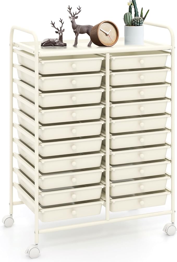 20 Drawer Rolling Storage Cart, Art Cart Organizer with Wheels for Makeup, Tool, Paper, Multipurpose Craft Storage Cart with Drawers for Office, Home, Classroom, School (White)