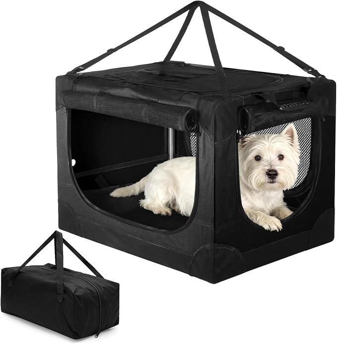 24 inch Small Dog Crate - for Small Dogs, Portable Travel Pet Crate with 4 Mesh Doors, Foldable Car Kennel for Puppy with Handle for Indoor and Outdoor, Black