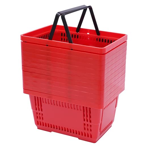 12PCS Shopping Baskets with Handles, 17x12x9inch Plastic Storage Bins Grocery Baskets, Portable Shop Basket Used for Supermarket, Retail, Bookstore (Red)