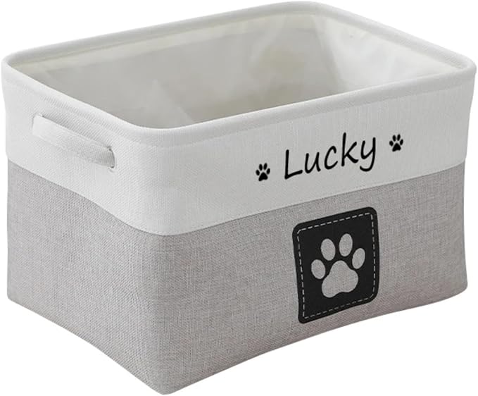 Custom Name Pet Dog Toys Basket/Bin, Paw Custom Personalized Logo Cat Clothes Box Accessories Organize Storage Bin, 4 Patterns Round Paw, Classic Paw, Heart or Name Only (Light Gray)
