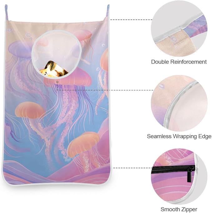 2PCS Hanging Laundry Hamper Bag Over the Door Laundry Hamper Wall Hamper Large Dirty Clothes Hamper with Stainless Steel Hooks 29.5x20Inch Cute Jellyfishes Bubbles