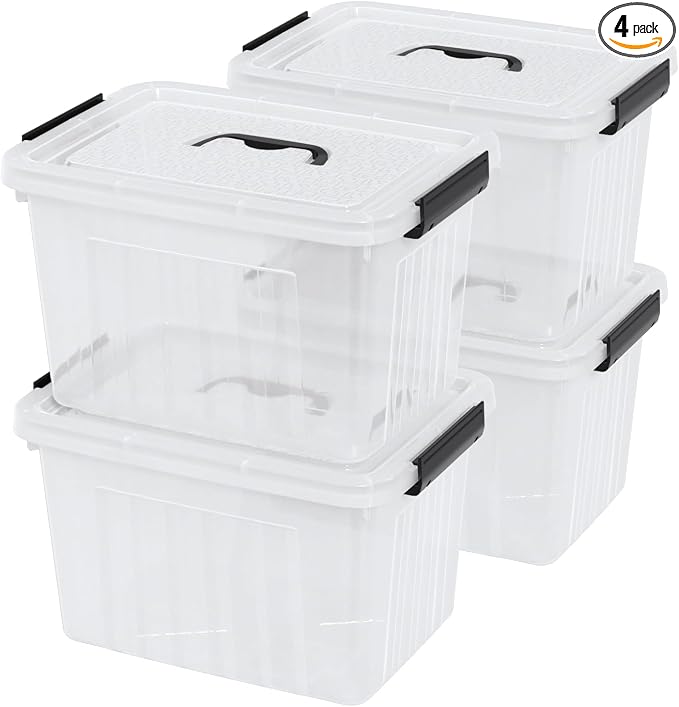 12L Clear Plastic Storage Bin with Handle, 4 Pack | Lidded Stackable Storage Boxes, BPA-Free, See-Through Organizer Totes for Closet, Pantry, Office