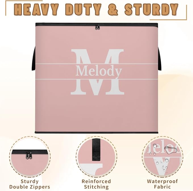 Personalized Name Foldable Storage Basket Cubes with Initial Letter, Pale Pink Quilt Comforter Storage Bin with Handles for Shelf Home Closet Bedroom