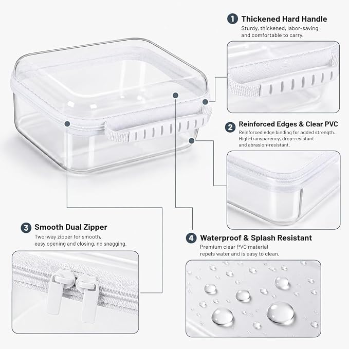 Clear Hard Shell Zipper Case 3PCS Set, 1.2mm PET Travel Organizer | Deep waterproof stackable storage pouches with handle. Heavy duty clear zipper bags for travel, makeup, toys and snacks