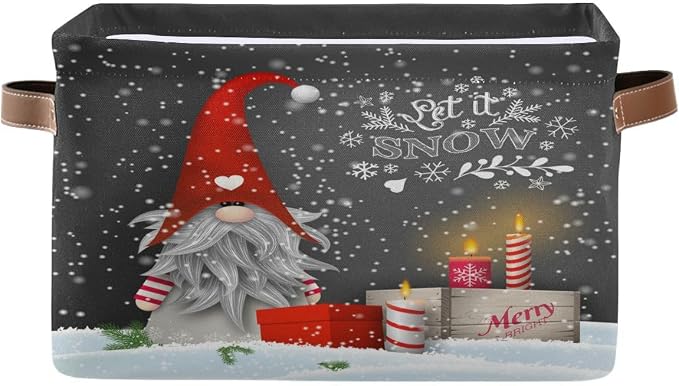 Winter Gnomes Storage Basket Fabric Kitchen Baskets Let it Snow Christmas Decorations Open Home Storage Bins Boxes Foldable Organizer Bag for Toy Book Shelf Closet Baskets 16×12×8 Inches 2 Pack
