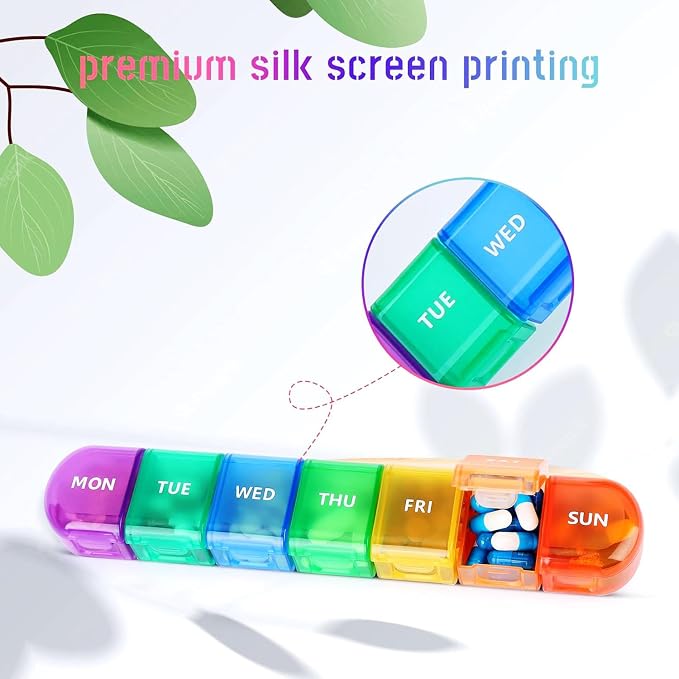 Weekly Pill Organizer Case, Large 7-Day Daily Pill Box Container | Colorful Portable Detachable Medicine Dispenser, Meds Reminder Holder for Medication, Vitamin, Fish Oil, Supplements, Capsule