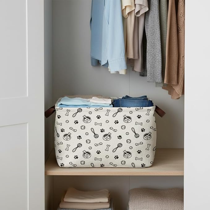 Dog Paw Storage Basket Waterproof Canvas Toy Storage Bin Storage Organizer Collapsible Outdoor Basket with Leather Handles Dog Toy Bin Blanket Baskets For Closets,Bedrooms,Gifts Baskets