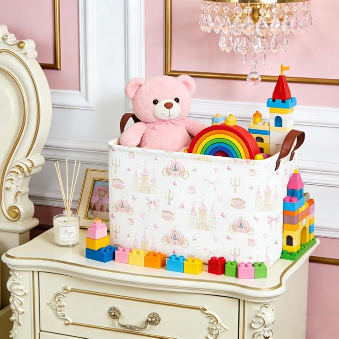 Rectangular Pink girl princess basket,Pink Baskets,Collapsible waterproof storage basket,Books Box,Girl room Decor,Gift Baskets(Pink Princess)