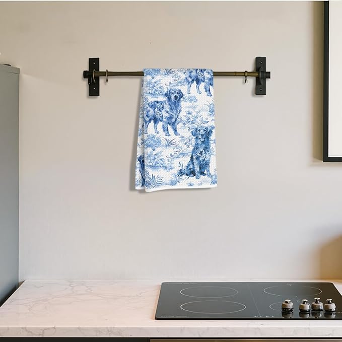 Chinoiserie Golden Retriever Kitchen Towels 24x14 Inch, Golden Retriever Gifts Reusable Dish Towels for Kitchen Decor, Blue and White Floral Waffle Weave Hand Towel, Dog Gifts for Women Mom