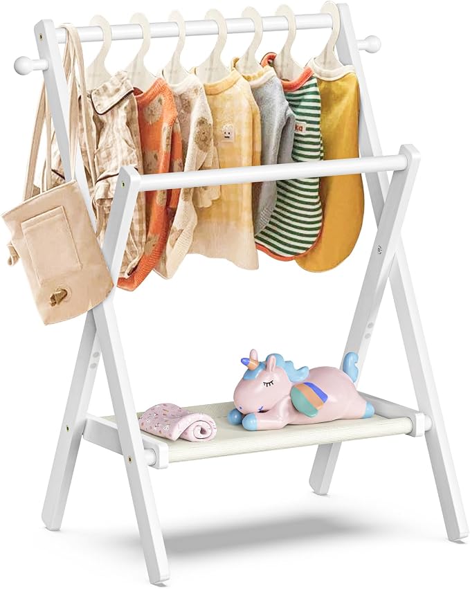 BAMBOOHOMIE Baby Clothing Rack for Baby Shower Pets Dolls, Baby Clothes Rack with Storage Shelf & Double Rods, Toddler Clothes Rack, Mini Closet Baby Shower Rack (White)