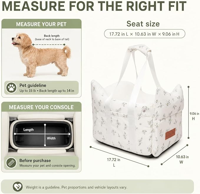 Center Console Dog Car Seat for Small Dogs (Off White) | 5 to 15 lbs, Pet Travel Booster Seat with Safety Leash, Detachable Seat Belt, and Storage Pockets