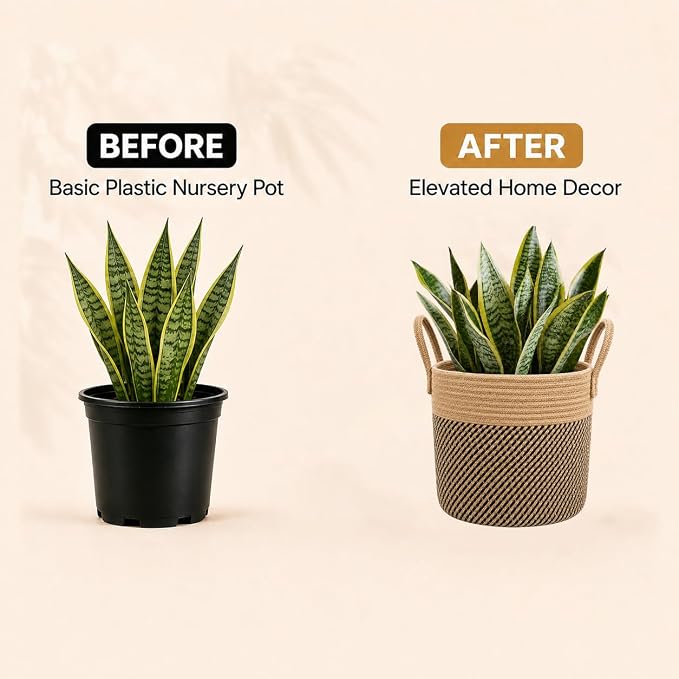 Woven Plant Basket with Handles, 11"x11" Round Rope Wicker Basket for 8-10" Plant Pots, Boho Decor Storage Organizer for Blankets, Toys, Towels, Rustic Storage Bin for Home, Black Stripes