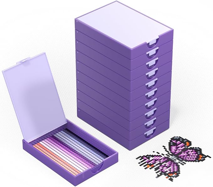 CATEARED 2-in-1 Diamond Art Trays With Lids,Anti-static Diamond Art Storage Containers, Diamond Art Accessories Diamond Painting Trays with Lids & Line-Up, Box Package (Violet, 10 piece Tray Kit)