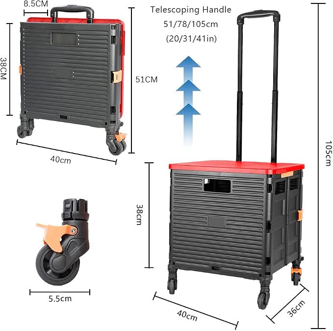 FELICON SELORSS Foldable Utility Cart Folding Portable Rolling Crate-Red | Heavy Duty,Telescoping Handle,4 Rotate Wheels,Collapsible Handcart for Travel Shop Move Luggage Laundry Teacher Office Use