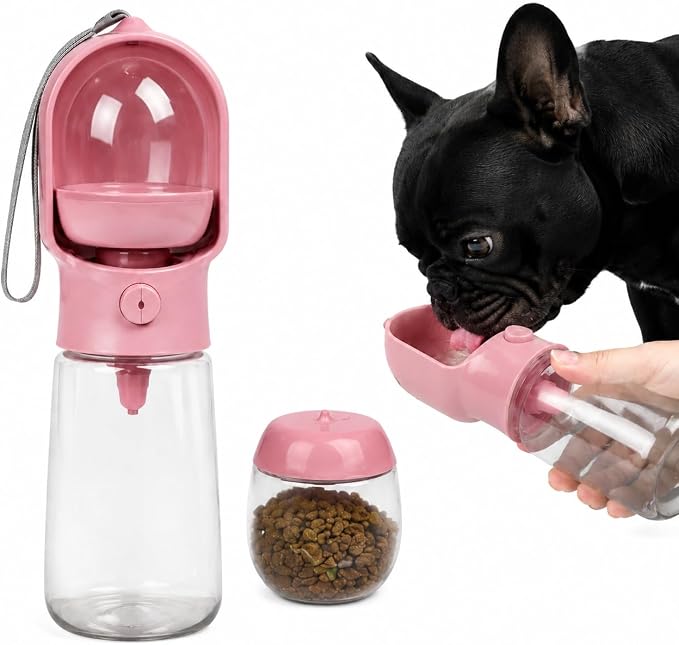 2-in-1 Dog Cat Portable Water & Food Travel Dispenser Bottle(Pink) | 2-in-1 travel pet cup with 500ml water & 180ml food storage, leak-proof portable feeder for dog cat walking hiking trips