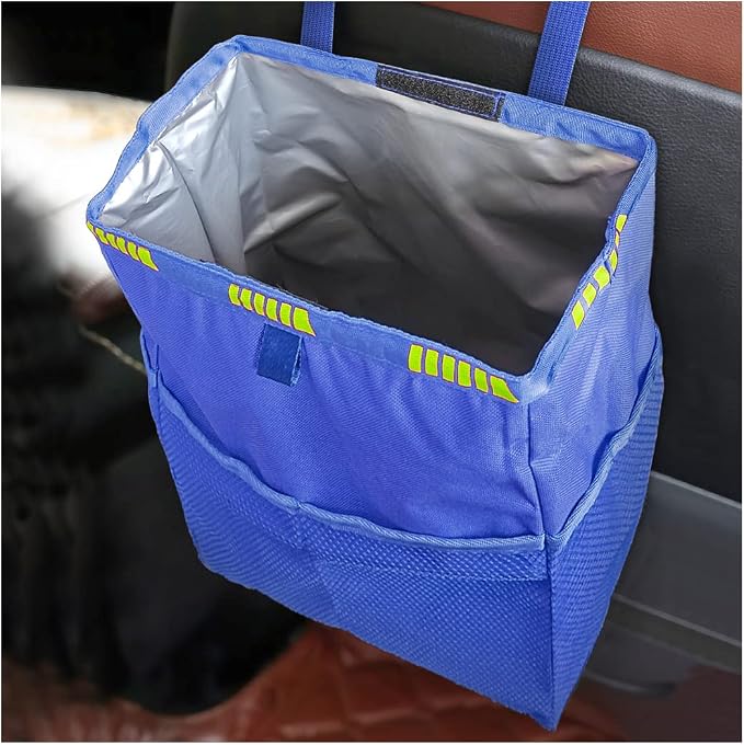 Fekey&JF Foldable Hanging Car Trash Can with Storage Pockets, Blue | waterproof lining, hanging strap, Velcro closure, fits most sedans, SUVs, and trucks, car interior accessories
