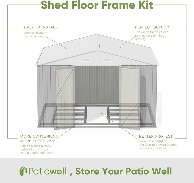 Patiowell 10x8 FT Outdoor Storage Shed with Floor Frame, Grey | Large Garden Tool Metal Shed, Sloping Roof, Double Lockable Door, Outdoor Shed For Backyard Garden Patio Lawn