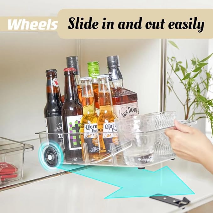 Roll-Out Refrigerator Organizers and Storage, 2 Pack Drawer Fridge Bins | Silicone Wheels, Adjustable Dividers, Thick Clear PET, Built-In Handle, for Fridge, Pantry, Bathroom & Kitchen Organization