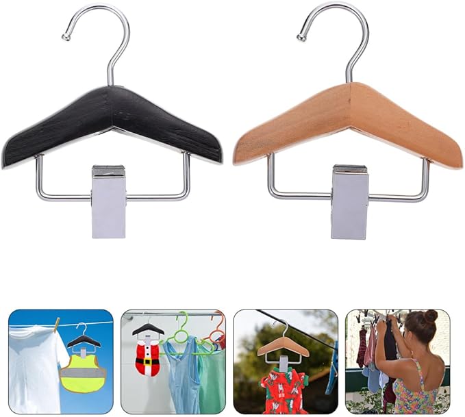 2pcs Pet Clothing Hanger Dog Pants Clip Rack Wood Black Brown | Stainless Steel Clamp, Holds Pet Clothes Neatly, Practical Organizer for Dogs Clothing, Gift for Pet Owners