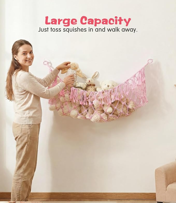 Stuffed Animal Net Hammock, Save Space Eliminate Clutter (Light pink) | Premium Cotton Hand-knitted plush hammock, Boho Stuffed Animal Storage for Nursery, Bedroom Decor, playrooms