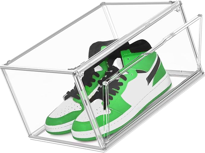 Low Profile Acrylic Shoe Storage Box for Flats,Loafers&Small Spaces,Size 12 | Heavy Duty Shoe Box, Magnetic Door, Space-saving Fits Under Shelves. Ideal for Flats,Loafers,Slip-ons & Compact Living,1 Pack