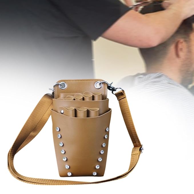 Scissors Pouch Hairdressing Scissors Bag Salon Hairstylist Tool Organizer PU Leather Waist Belt Shear Case Suitable for barbers pet groomers, Brown