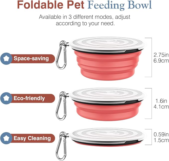 Pawaboo Collapsible Travel Dog Bowls 2 Pack with Lids&Carabiners Silicone | Feeding Watering Bowls for Dogs Cats, Collapsable Water Feeder Food Bowl for Walking Traveling Home Use, Light Pink + Blue
