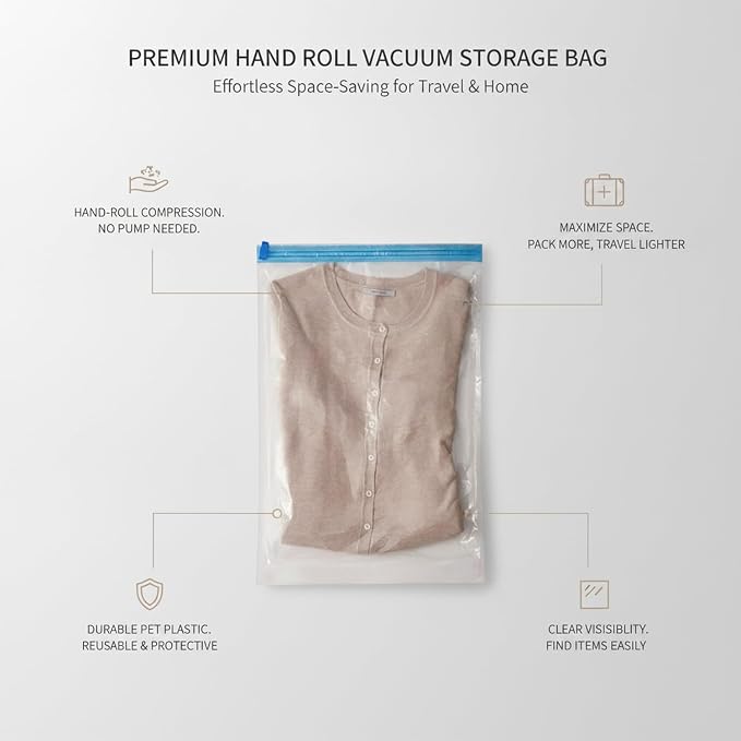 Hand Roll Vacuum Compression Bags, Pump-Free Space Saver for Travel and Storage, Durable PET Plastic Packing Organizers (1 PC)