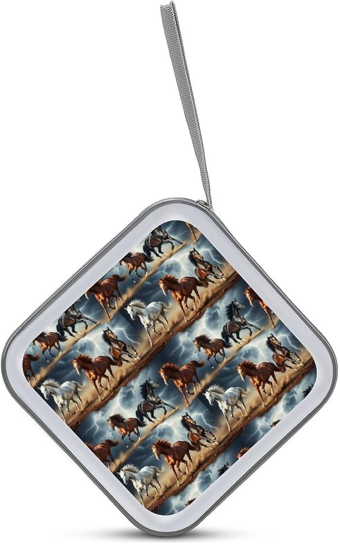 Hard Plastic Protective CD Case Running Horse, 40-Disc Capacity Storage Binder with Zipper, Portable Organizer for Home Office