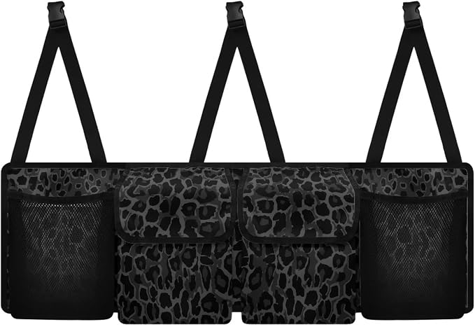 Dreaweet Black Leopard Print Trunk Organizer for Car Women Collapsible Car Trunk Organizer Storage for SUV Cheetah Car Accessories Car Rear Seat Back Storage Bag Multi Hanging Pocket Organizer