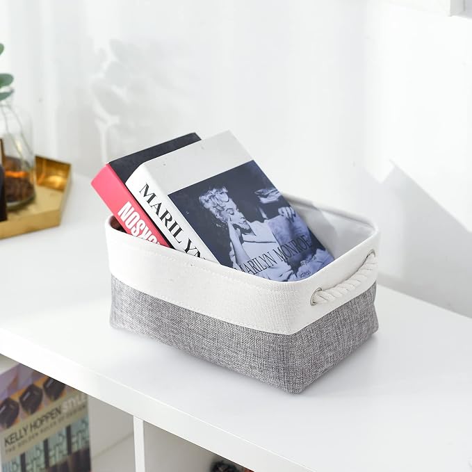 Organization and Storage Basket for Shelves - 12x8x5.2 inch 1 Pack Fabric Storage Cubes, Collapsible Storage Bins for Closet Organizer Gift Cloth Toy (White & Grey)