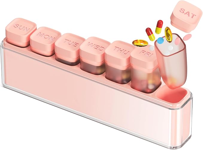 HIONXMGA Weekly Pill Organizer, Detachable 7-Color Pill Box, Easy Tracking | Portable Travel Pill Case Container for Daily Vitamin Supplement Fish Oil, Silicone-Seal, Lasting Labels, Quick Fill (Pink)