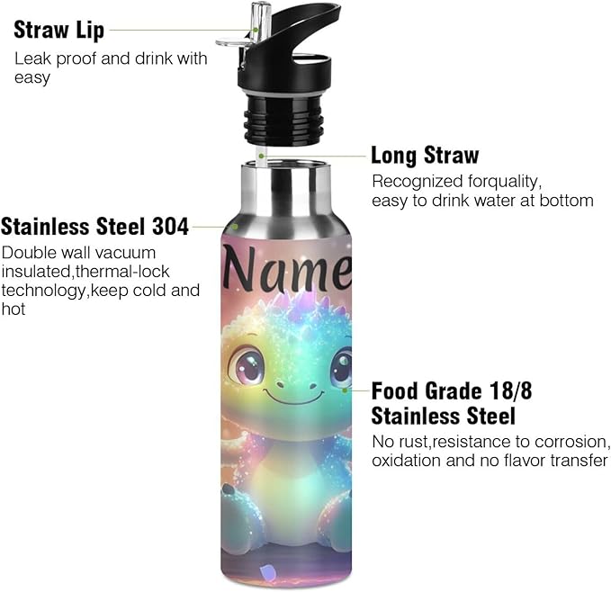 Custom Name Swing Dinosaur Water Bottle with Straw Lid Kids Insulated Stainless Steel Water Flask Sports, 20 Oz Hot Cold
