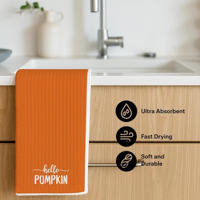 Thanksgiving Orange Pumpkin Kitchen Towels Fall Decor Gifts for Home,Hello Pumpkin,Flour Sack Dish Towels,Tea Towel Baking Cooking Drying Cloth for Kitchen,Fall Farmehouse Decoration