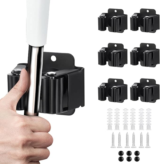 JAMEND CLXP 6PCS Broom and Mop Holder, Heavy Duty Garden Tool Organizer Rack Rake and Shovel Handle, Stainless Steel Mop Hanger. Screws for Wall Mounted. Matte Black