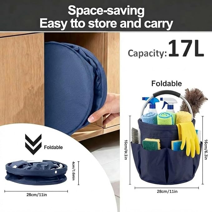 Foldable Cleaning Caddy with Handle 17L Large Cleaning Supplies Organizer 600D Oxford Portable Bucket Basket with 6 Pockets for Home Bathroom Garden Garage - Blue
