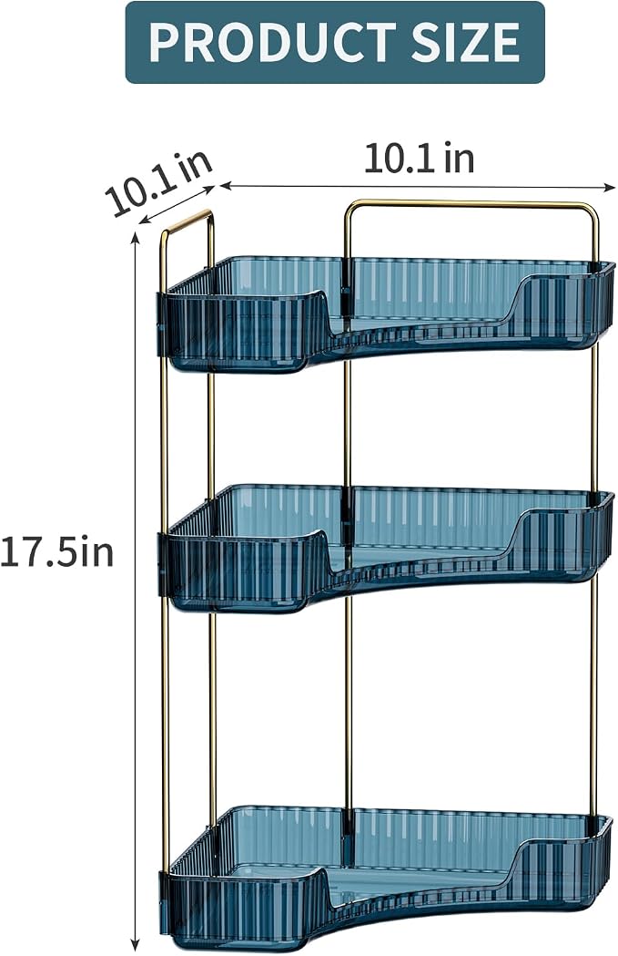 Corner Bathroom Counter Organizer Bathroom Countertop Shelf Makeup Organizer for Vanity Perfume Tray for Corner Storage (3 Tiers, Blue)