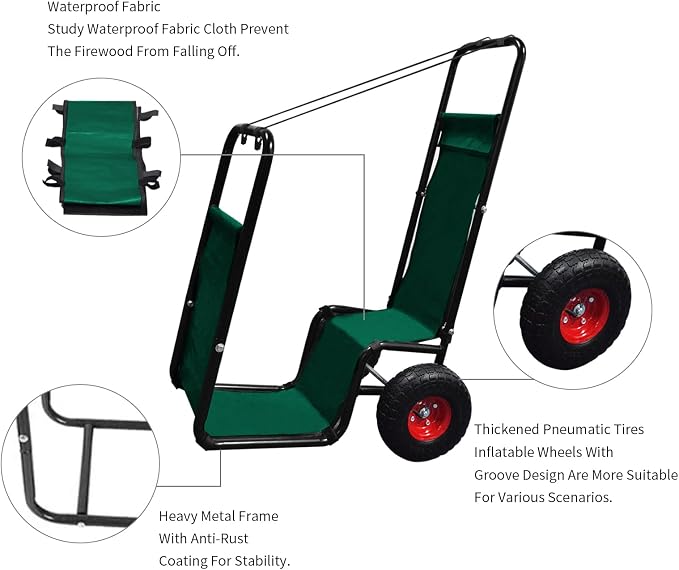 Doublehorse Firewood Cart 27x20x44in Steel Pneumatic Wheels Green | Heavy Duty Metal Waterproof Portable Storage Rack for Outdoor Camping Backyard Fireplace Indoor Use