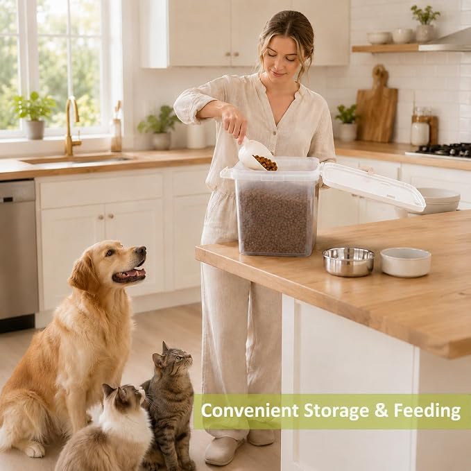 5-10 Lbs Airtight Cat Dog Food Storage Container, 8QT Compact Pet Food Bin | Plastic Food Container with Buckle-Lock Lid & Scoop for Dog, Cat, Bird Seed, Pet Food, Chicken, Dry Food, Rice, Cereal, Flour