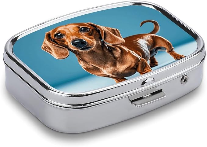 Metal Pill Organizer 2 Compartment Travel Pill Case with Mirror Waterproof & Leak-Proof Dachshund Weiner Pet Dog Pill Boxes for Daily Meds Vitamins Supplements Fits in Purse Pocket Bag