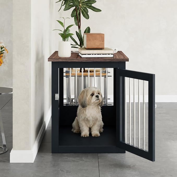 30" Wooden Dog Crate Furniture,Medium Kennel Pet Cage End Table for Indoor | for Small Medium Dogs, Grey and Wood, Fits Living Room Bedroom, Heavy Duty Steel Frame with Lock 45 lbs Cap, 100 lbs Top.